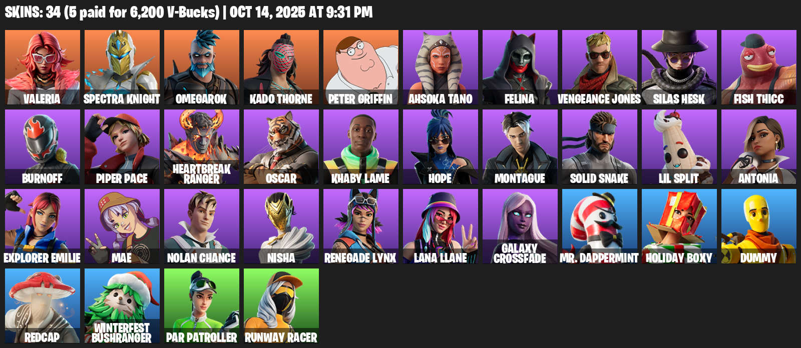 Fortnite Account ( PLAYSTATION / XBOX / PC / MOBILE / NINTENDO ) (Valeria, Spectra Knight, Omegarok, Kado Thorne, Peter Griffin, Ahsoka Tano, Felina) (34 Skins)