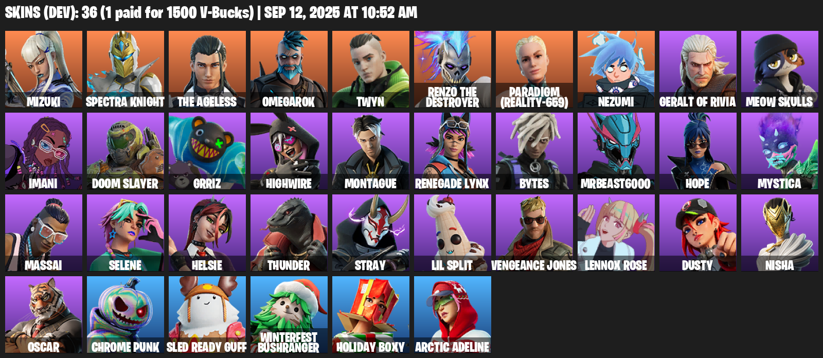 Fortnite Account ( PLAYSTATION / XBOX / PC / MOBILE / NINTENDO ) (Mizuki, Spectra Knight, The Ageless, Omegarok, Twyn, Renzo the Destroyer, Paradigm (Reality-659)) (36 Skins)