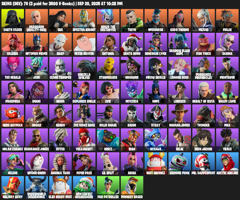 Fortnite Account ( PLAYSTATION / XBOX / PC / MOBILE / NINTENDO ) (Darth Vader, Paradigm (Reality-659), Era, Spectra Knight, Renzo the Destroyer, Twyn, Omegarok) (76 Skins)