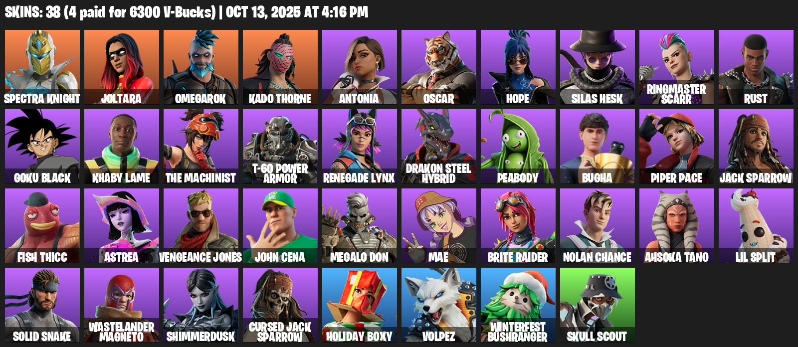 Fortnite Account ( PLAYSTATION / XBOX / PC / MOBILE / NINTENDO ) (Spectra Knight, Joltara, Omegarok, Kado Thorne, Antonia, Oscar, Hope, Silas Hesk) (38 Skins)