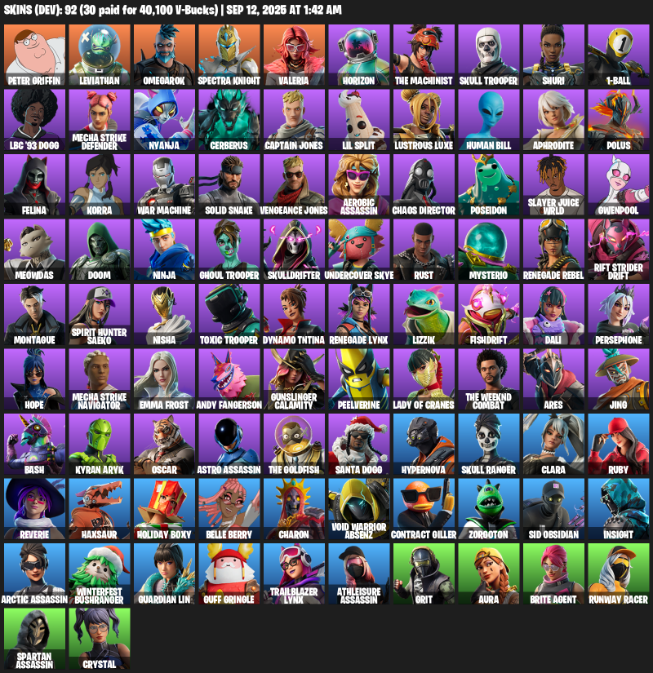 Fortnite Account ( PLAYSTATION / XBOX / PC / MOBILE / NINTENDO ) (Peter Griffin, Leviathan, Omegarok, Spectra Knight, Valeria, Horizon, The Machinist) (92 Skins)