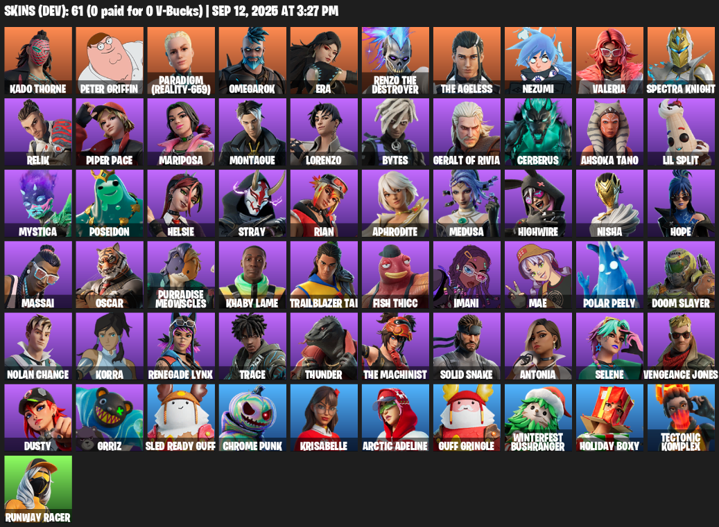 Fortnite Account ( PLAYSTATION / XBOX / PC / MOBILE / NINTENDO ) (Kado Thorne, Peter Griffin, Paradigm (Reality-659), Omegarok, Era, Renzo the Destroyer) (61 Skins)