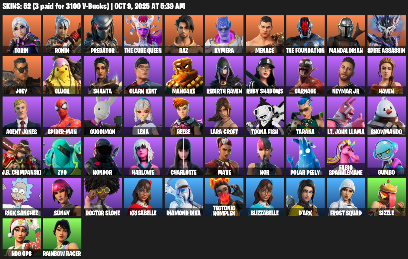 Fortnite Account ( PLAYSTATION / XBOX / PC / MOBILE / NINTENDO ) (Lara Croft, Torin, Ronin, Predator, The Cube Queen, Raz, Kymera, Menace, The Foundation) (52 Skins)