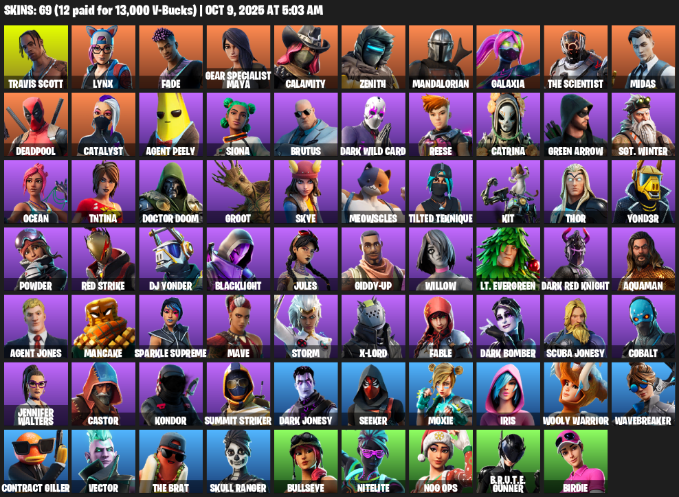 Fortnite Account ( PLAYSTATION / XBOX / PC / MOBILE / NINTENDO ) (Travis Scott, Lynx, Fade, Gear Specialist Maya, Calamity, Zenith, Mandalorian, Galaxia) (69 Skins)