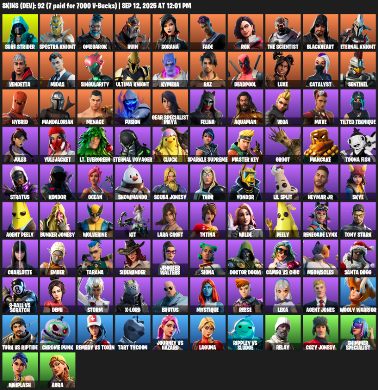 Fortnite Account ( PLAYSTATION / XBOX / PC / MOBILE / NINTENDO ) (Lara Croft, Reaper Axe, Surf Strider, Spectra Knight, Omegarok, Ruin, Sorana, Fade, Rox) (92 Skins)