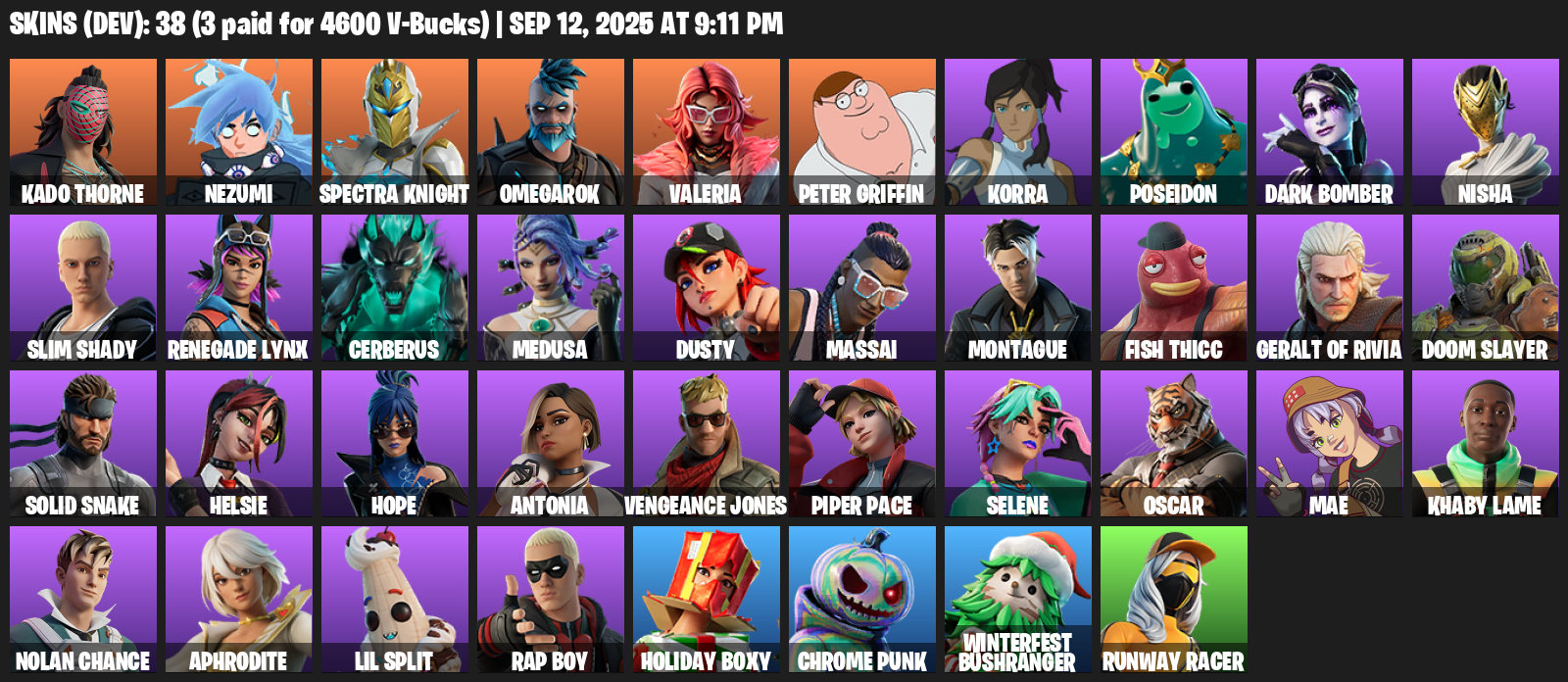 Fortnite Account ( PLAYSTATION / XBOX / PC / MOBILE / NINTENDO ) (Kado Thorne, Nezumi, Spectra Knight, Omegarok, Valeria, Peter Griffin, Korra) (38 Skins)