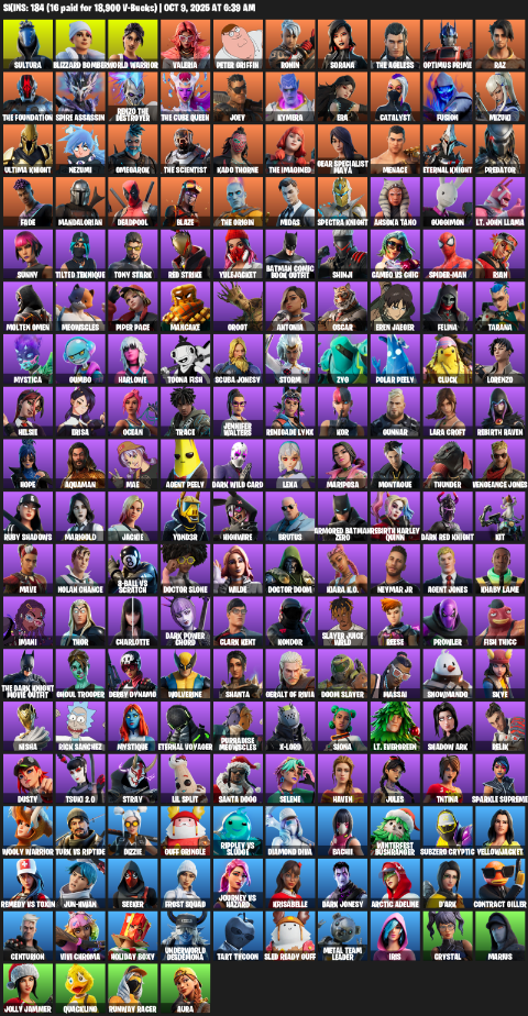 Fortnite Account ( PLAYSTATION / XBOX / PC / MOBILE / NINTENDO ) (Lara Croft, Reaper Axe, Sultura, Blizzard Bomber, World Warrior, Valeria, Peter Griffin, Ronin) (184 Skins)