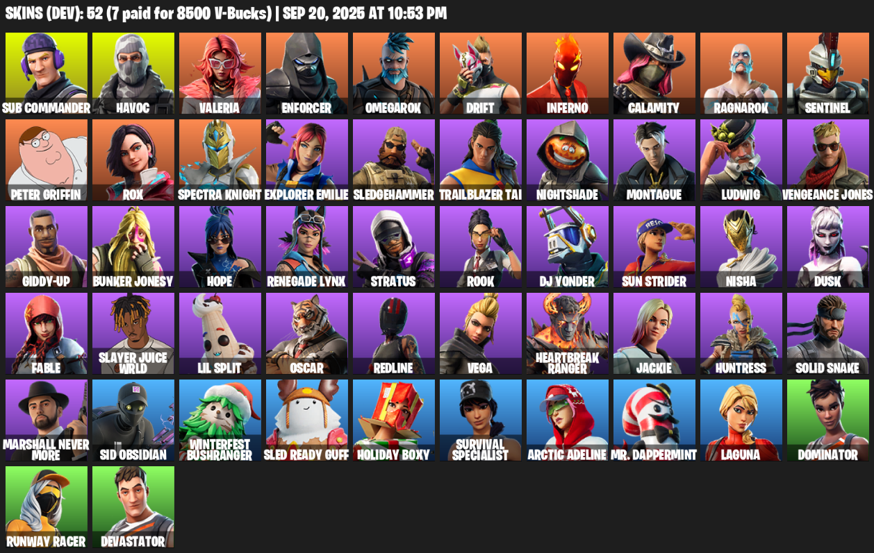 Fortnite Account ( PLAYSTATION / XBOX / PC / MOBILE / NINTENDO ) (Sub Commander, Havoc, Valeria, Enforcer, Omegarok, Drift, Inferno, Calamity) (52 Skins)