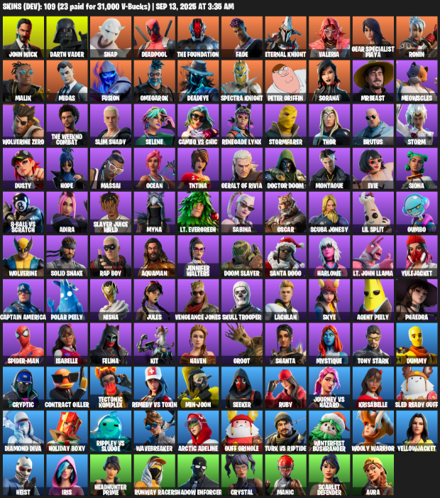 Fortnite Account ( PLAYSTATION / XBOX / PC / MOBILE / NINTENDO ) (Reaper Axe, John Wick, Darth Vader, Snap, Deadpool, The Foundation, Fade, Eternal Knight) (109 Skins)