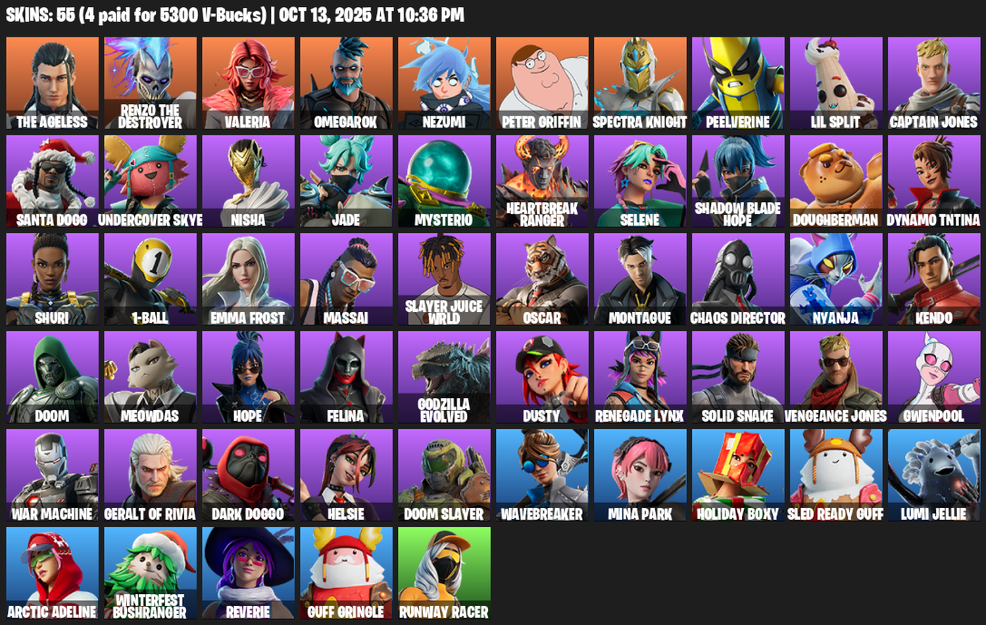 Fortnite Account ( PLAYSTATION / XBOX / PC / MOBILE / NINTENDO ) (Reaper Axe, The Ageless, Renzo the Destroyer, Valeria, Omegarok, Nezumi, Peter Griffin) (55 Skins)