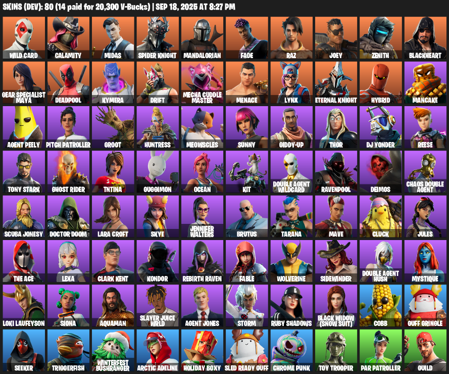 Fortnite Account ( PLAYSTATION / XBOX / PC / MOBILE / NINTENDO ) (Lara Croft, Wild Card, Calamity, Midas, Spider Knight, Mandalorian, Fade, Raz, Joey, Zenith) (80 Skins)