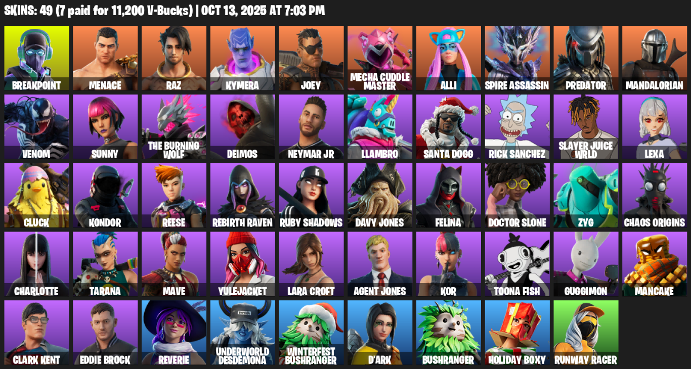 Fortnite Account ( PLAYSTATION / XBOX / PC / MOBILE / NINTENDO ) (Lara Croft, Breakpoint, Menace, Raz, Kymera, Joey, Mecha Cuddle Master, Alli, Spire Assassin) (49 Skins)