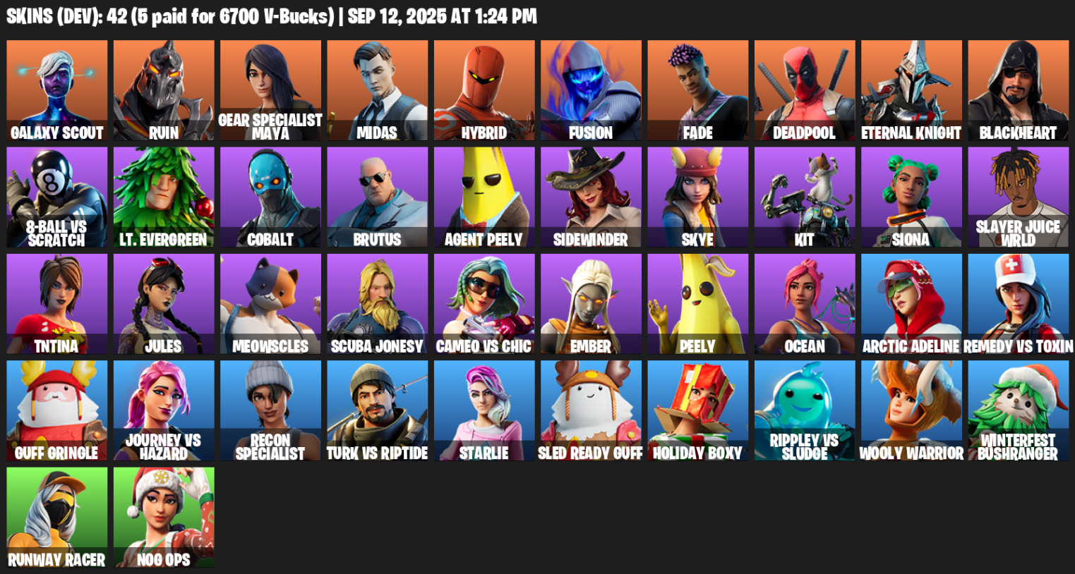 Fortnite Account ( PLAYSTATION / XBOX / PC / MOBILE / NINTENDO ) (Reaper Axe, Galaxy Scout, Ruin, Gear Specialist Maya, Midas, Hybrid, Fusion, Fade, Deadpool) (42 Skins)