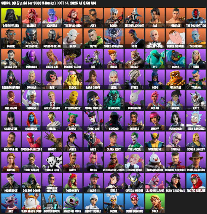 Fortnite Account ( PLAYSTATION / XBOX / PC / MOBILE / NINTENDO ) (Lara Croft, Darth Vader, Valeria, Kymera, The Imagined, Joey, Ronin, Eternal Knight, Raz) (98 Skins)