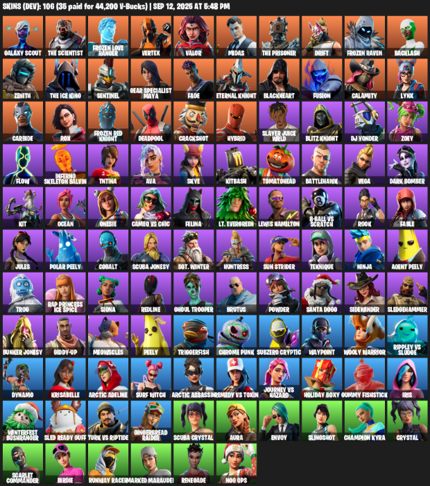 Fortnite Account ( PLAYSTATION / XBOX / PC / MOBILE / NINTENDO ) (Galaxy Scout, The Scientist, Frozen Love Ranger, Vertex, Valor, Midas, The Prisoner, Drift) (106 Skins)