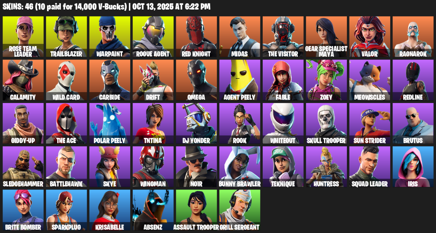 Fortnite Account ( PLAYSTATION / XBOX / PC / MOBILE / NINTENDO ) (OG STW, Omega, Rose Team Leader, Trailblazer, Warpaint, Rogue Agent, Red Knight, Midas) (46 Skins)