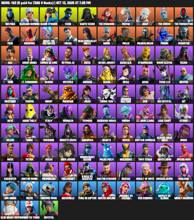 Fortnite Account ( PLAYSTATION / XBOX / PC / MOBILE / NINTENDO ) (Lara Croft, Sultura, Blizzard Bomber, Cloud Striker, Fixer, Darth Vader, The Imagined, Mizuki) (103 Skins)
