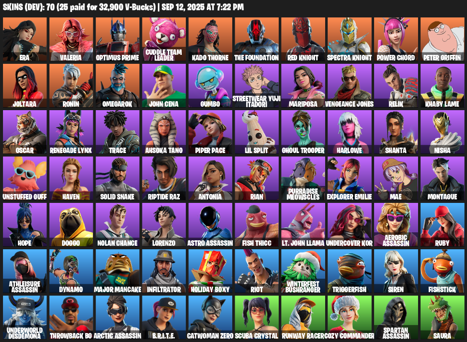 Fortnite Account ( PLAYSTATION / XBOX / PC / MOBILE / NINTENDO ) (Reaper Axe, Era, Valeria, Optimus Prime, Cuddle Team Leader, Kado Thorne, The Foundation) (70 Skins)