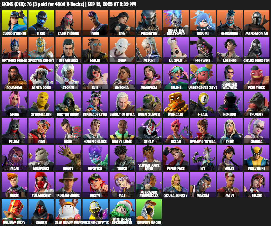 Fortnite Account ( PLAYSTATION / XBOX / PC / MOBILE / NINTENDO ) (Cloud Striker, Fixer, Kado Thorne, Fade, Era, Predator, Renzo the Destroyer, Nezumi, Omegarok) (76 Skins)