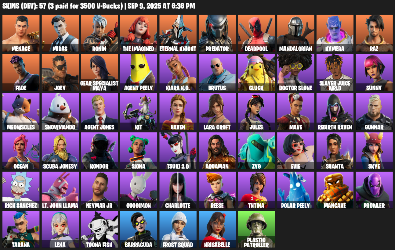 Fortnite Account ( PLAYSTATION / XBOX / PC / MOBILE / NINTENDO ) (Lara Croft, Menace, Midas, Ronin, The Imagined, Eternal Knight, Predator, Deadpool, Mandalorian) (57 Skins)