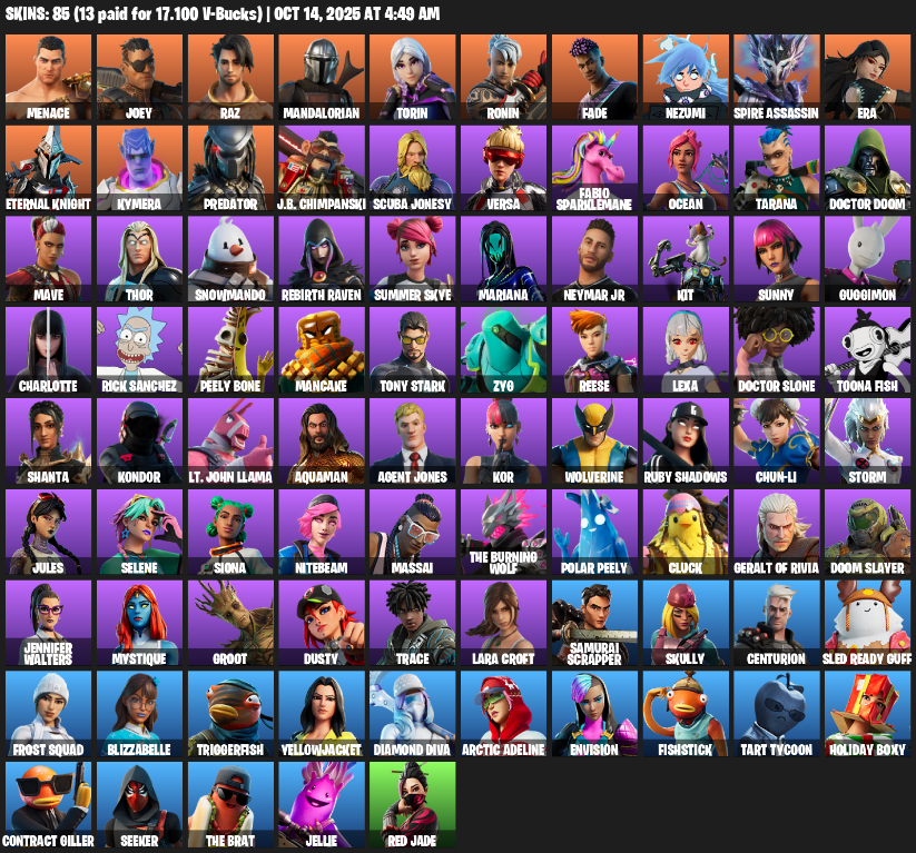Fortnite Account ( PLAYSTATION / XBOX / PC / MOBILE / NINTENDO ) (Lara Croft, Menace, Joey, Raz, Mandalorian, Torin, Ronin, Fade, Nezumi) (85 Skins)