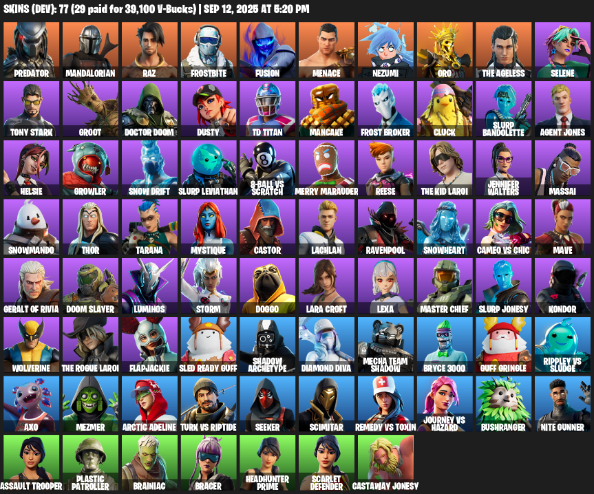 Fortnite Account ( PLAYSTATION / XBOX / PC / MOBILE / NINTENDO ) (Lara Croft, Reaper Axe, Predator, Mandalorian, Raz, Frostbite, Fusion, Menace, Nezumi, Oro) (77 Skins)
