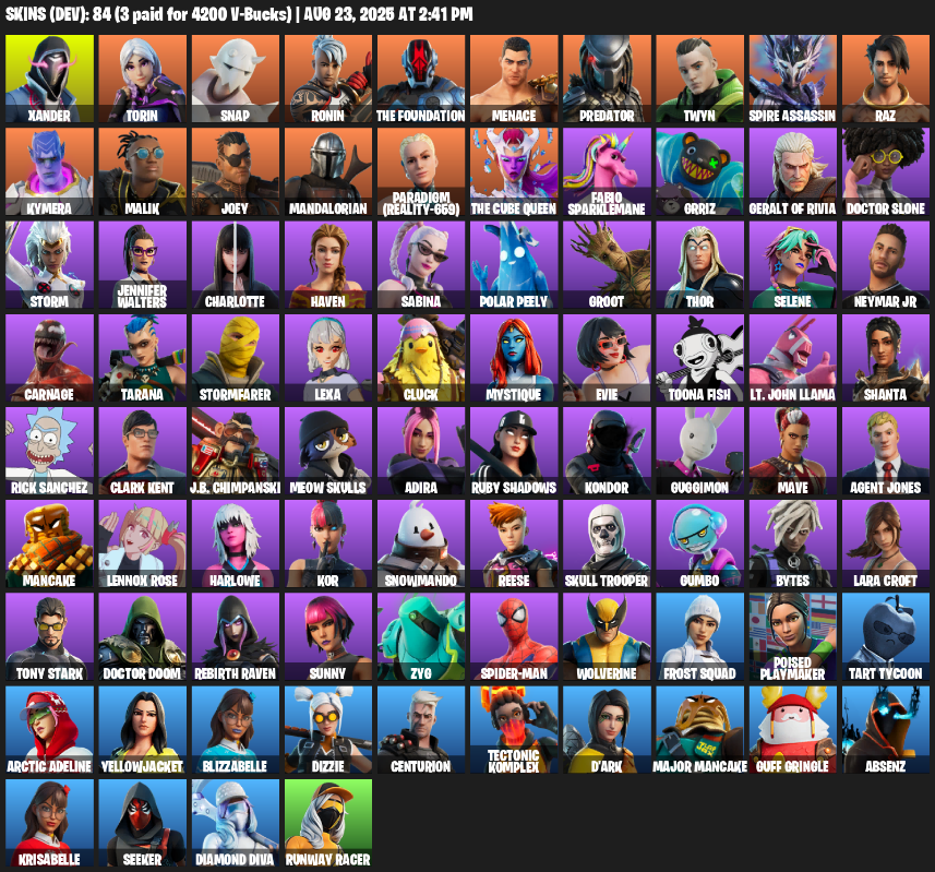 Fortnite Account ( PLAYSTATION / XBOX / PC / MOBILE / NINTENDO ) (Lara Croft, Xander, Torin, Snap, Ronin, The Foundation, Menace, Predator, Twyn, Spire Assassin) (84 Skins)