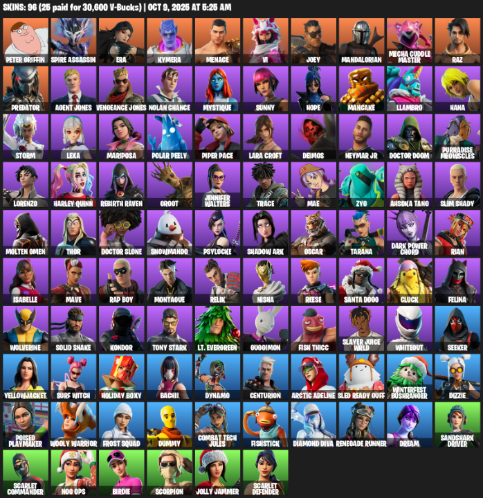 Fortnite Account ( PLAYSTATION / XBOX / PC / MOBILE / NINTENDO ) (Lara Croft, Peter Griffin, Spire Assassin, Era, Kymera, Menace, Vi, Joey, Mandalorian) (96 Skins)