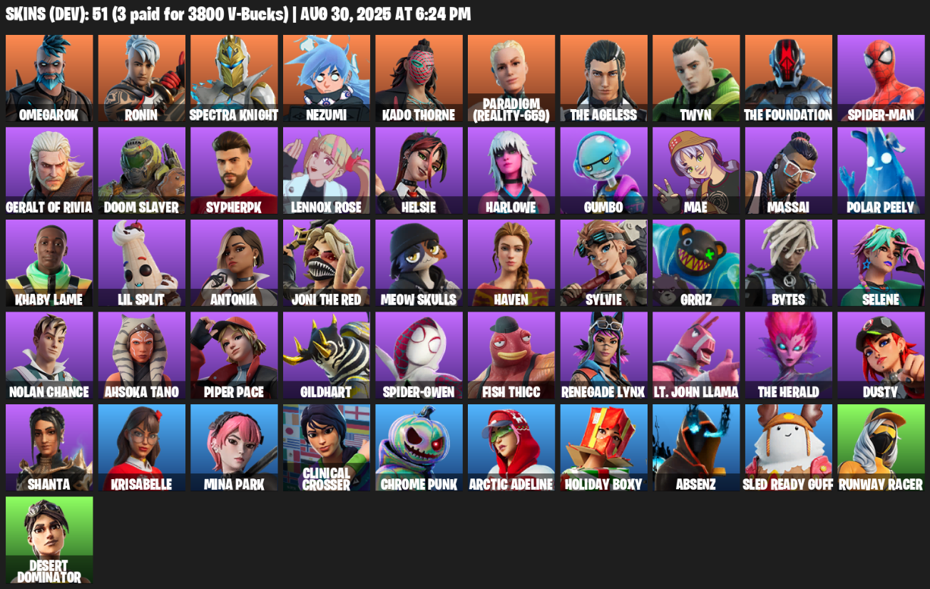 Fortnite Account ( PLAYSTATION / XBOX / PC / MOBILE / NINTENDO ) (Omegarok, Ronin, Spectra Knight, Nezumi, Kado Thorne, Paradigm (Reality-659), The Ageless, Twyn) (51 Skins)