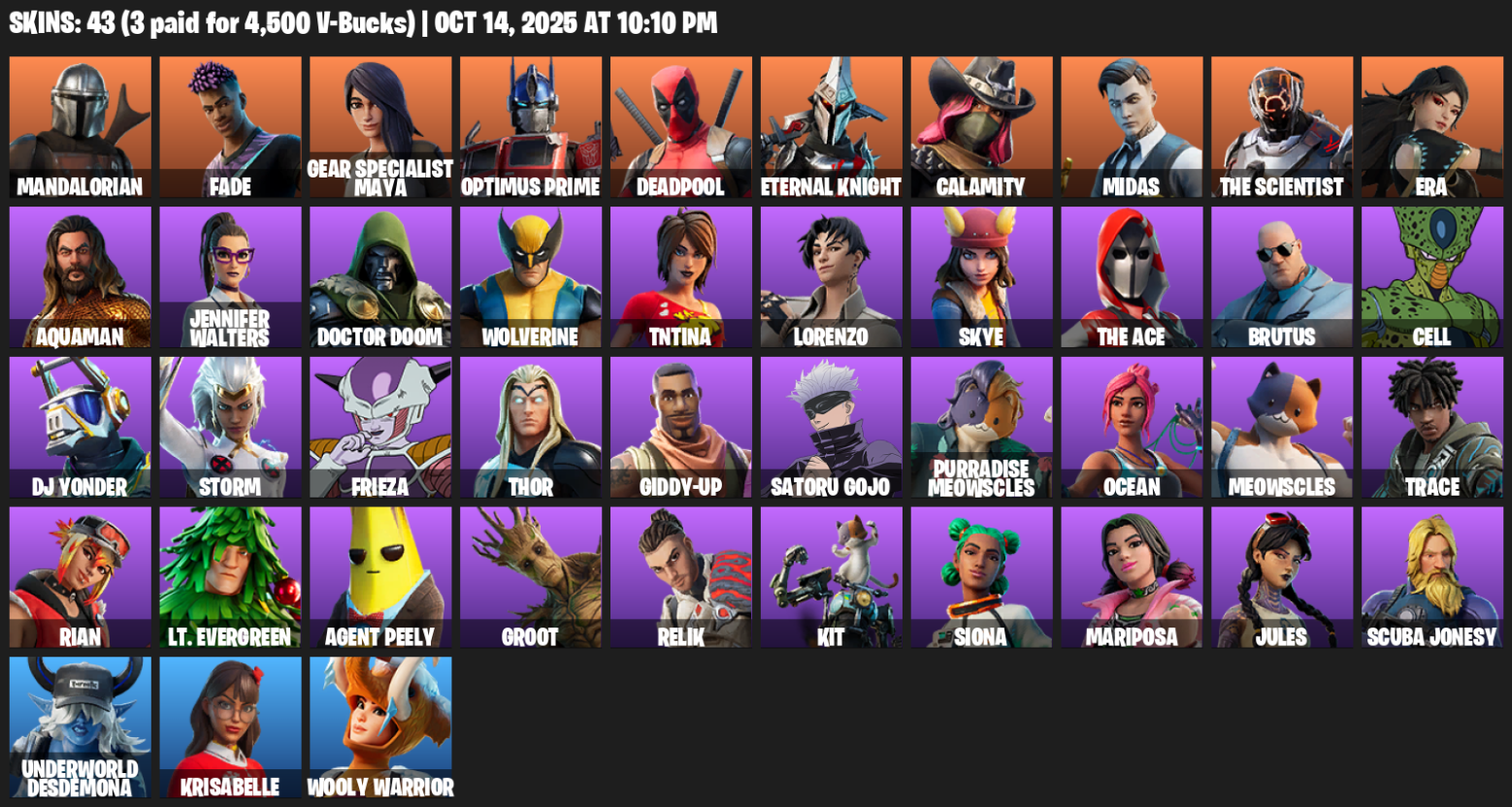 Fortnite Account ( PLAYSTATION / XBOX / PC / MOBILE / NINTENDO ) (Mako, Mandalorian, Fade, Gear Specialist Maya, Optimus Prime, Deadpool, Eternal Knight, Calamity) (43 Skins)
