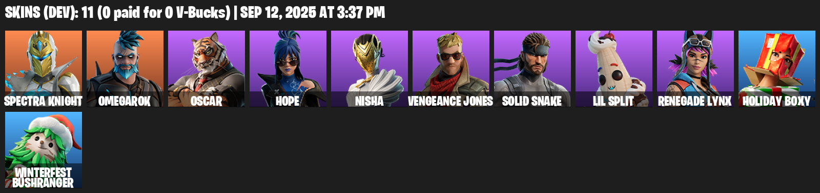 Fortnite Account ( PLAYSTATION / XBOX / PC / MOBILE / NINTENDO ) (Spectra Knight, Omegarok, Oscar, Hope, Nisha, Vengeance Jones, Solid Snake) (11 Skins)