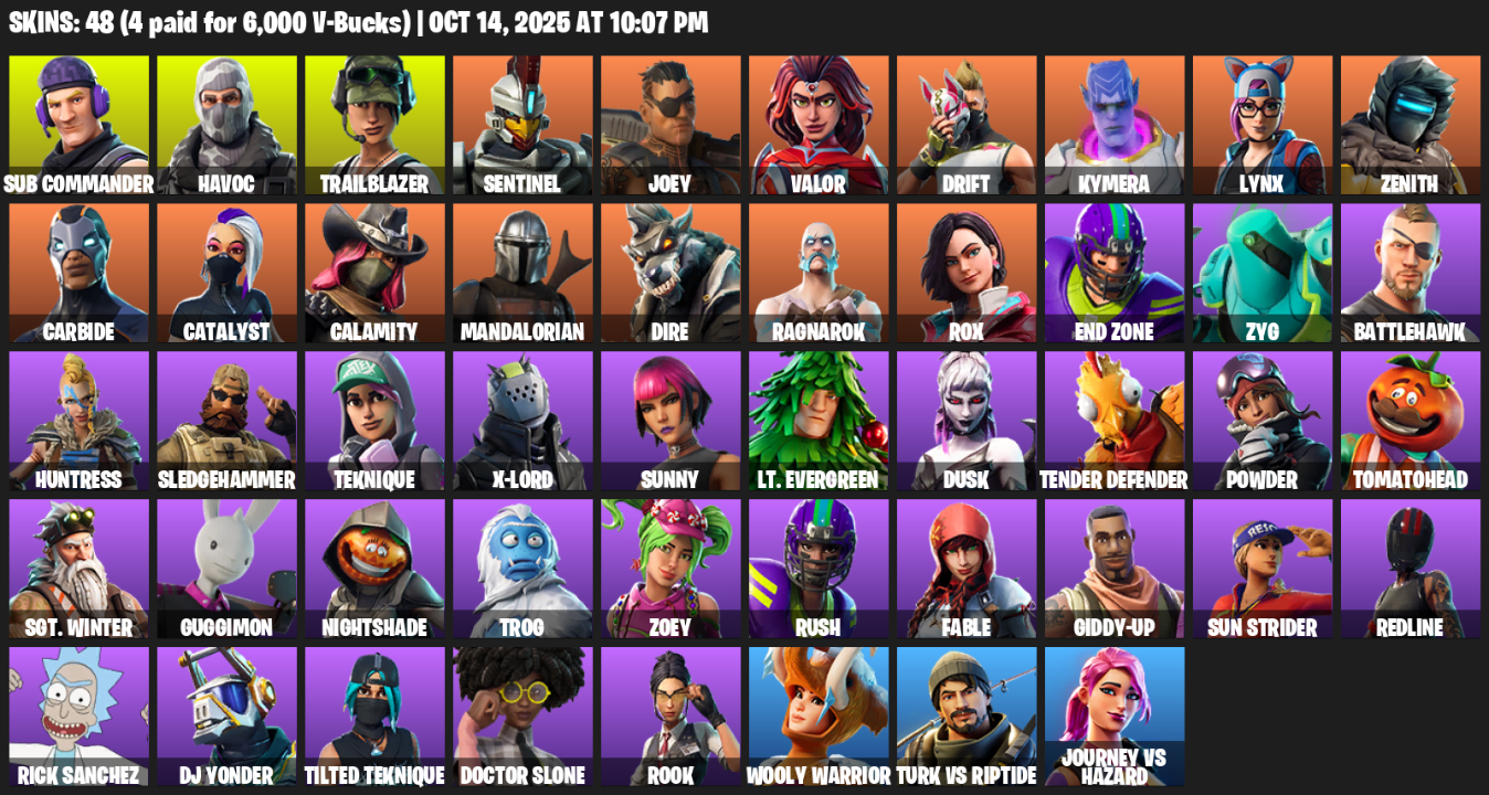 Fortnite Account ( PLAYSTATION / XBOX / PC / MOBILE / NINTENDO ) (Mako, Sub Commander, Havoc, Trailblazer, Sentinel, Joey, Valor, Drift, Kymera, Lynx, Zenith) (48 Skins)