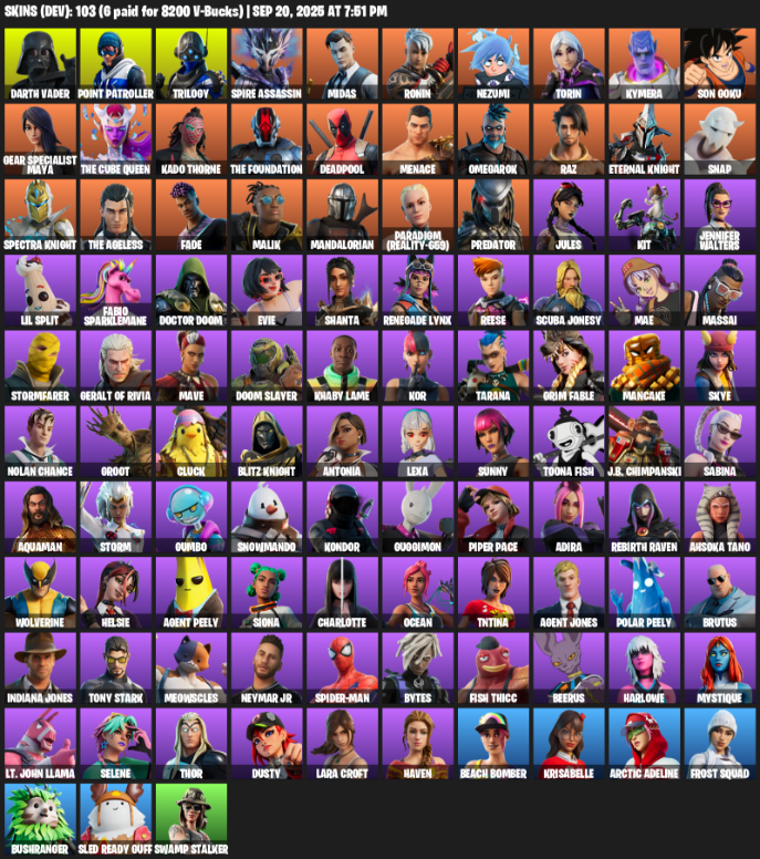 Fortnite Account ( PLAYSTATION / XBOX / PC / MOBILE / NINTENDO ) (Lara Croft, Darth Vader, Point Patroller, Trilogy, Spire Assassin, Midas, Ronin, Nezumi, Torin) (103 Skins)