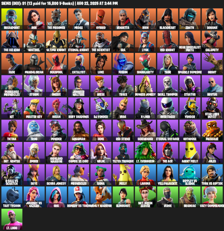 Fortnite Account ( PLAYSTATION / XBOX / PC / MOBILE / NINTENDO ) (Reaper Axe, Breakpoint, Rox, The Prisoner, Midas, Hybrid, Vendetta, Ruin, Blackheart, Zenith) (91 Skins)