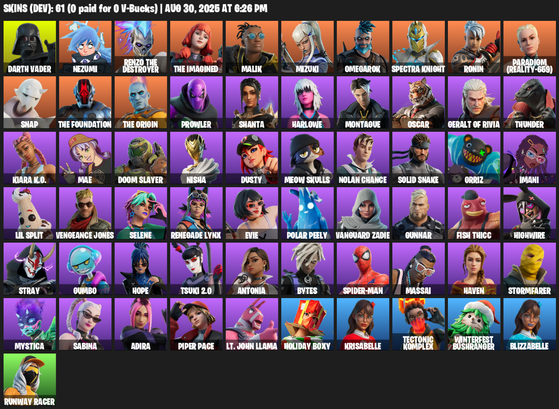 Fortnite Account ( PLAYSTATION / XBOX / PC / MOBILE / NINTENDO ) (Darth Vader, Nezumi, Renzo the Destroyer, The Imagined, Malik, Mizuki, Omegarok, Spectra Knight) (61 Skins)