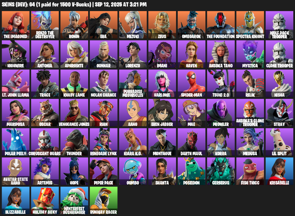 Fortnite Account ( PLAYSTATION / XBOX / PC / MOBILE / NINTENDO ) (The Imagined, Renzo the Destroyer, Ronin, Era, Mizuki, Zeus, Omegarok) (64 Skins)