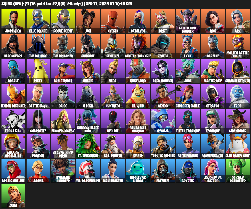 Fortnite Account ( PLAYSTATION / XBOX / PC / MOBILE / NINTENDO ) (Take The L, Blue Squire, John Wick, Rogue Agent, Luxe, Hybrid, Catalyst, Drift) (71 Skins)