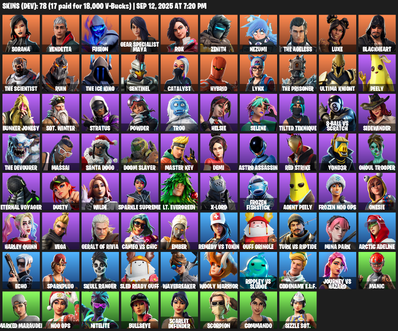 Fortnite Account ( PLAYSTATION / XBOX / PC / MOBILE / NINTENDO ) (Reaper Axe, Sorana, Vendetta, Fusion, Gear Specialist Maya, Rox, Zenith, Nezumi, The Ageless) (78 Skins)