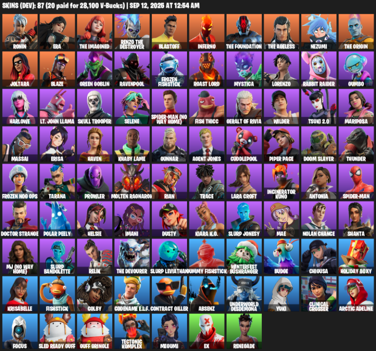 Fortnite Account ( PLAYSTATION / XBOX / PC / MOBILE / NINTENDO ) (Lara Croft, Ronin, Era, The Imagined, Renzo the Destroyer, Blastoff, Inferno, The Foundation) (87 Skins)