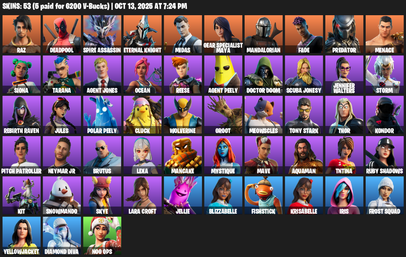 Fortnite Account ( PLAYSTATION / XBOX / PC / MOBILE / NINTENDO ) (Lara Croft, Raz, Deadpool, Spire Assassin, Eternal Knight, Midas, Gear Specialist Maya) (53 Skins)