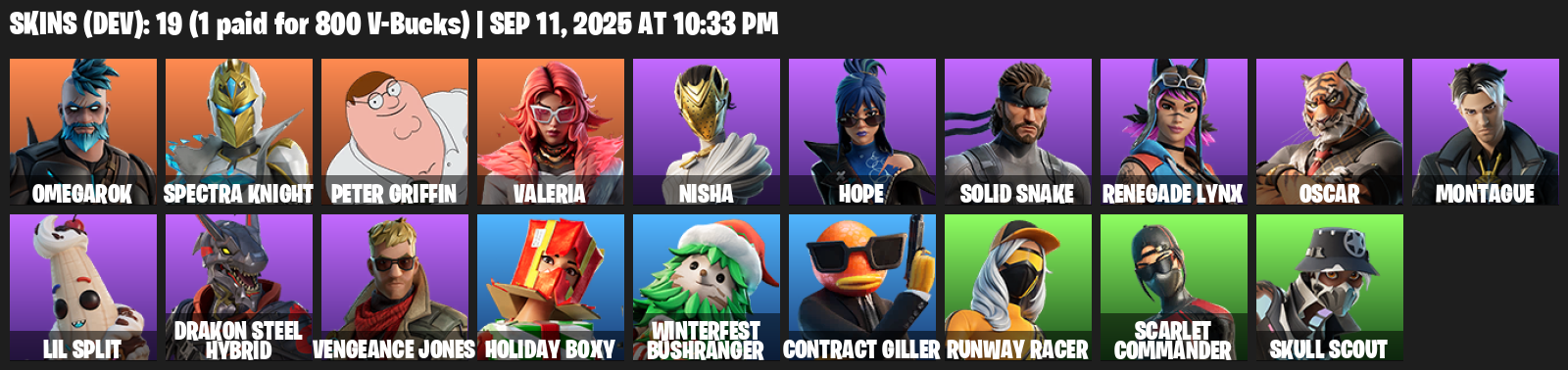 Fortnite Account ( PLAYSTATION / XBOX / PC / MOBILE / NINTENDO ) (Omegarok, Spectra Knight, Peter Griffin, Valeria, Nisha, Hope, Solid Snake, Renegade Lynx, Oscar) (19 Skins)