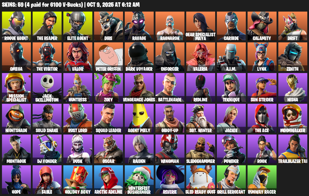 Fortnite Account ( PLAYSTATION / XBOX / PC / MOBILE / NINTENDO ) (Take The L, The Reaper, Elite Agent, Omega, Rogue Agent, Dire, Ravage, Ragnarok) (59 Skins)