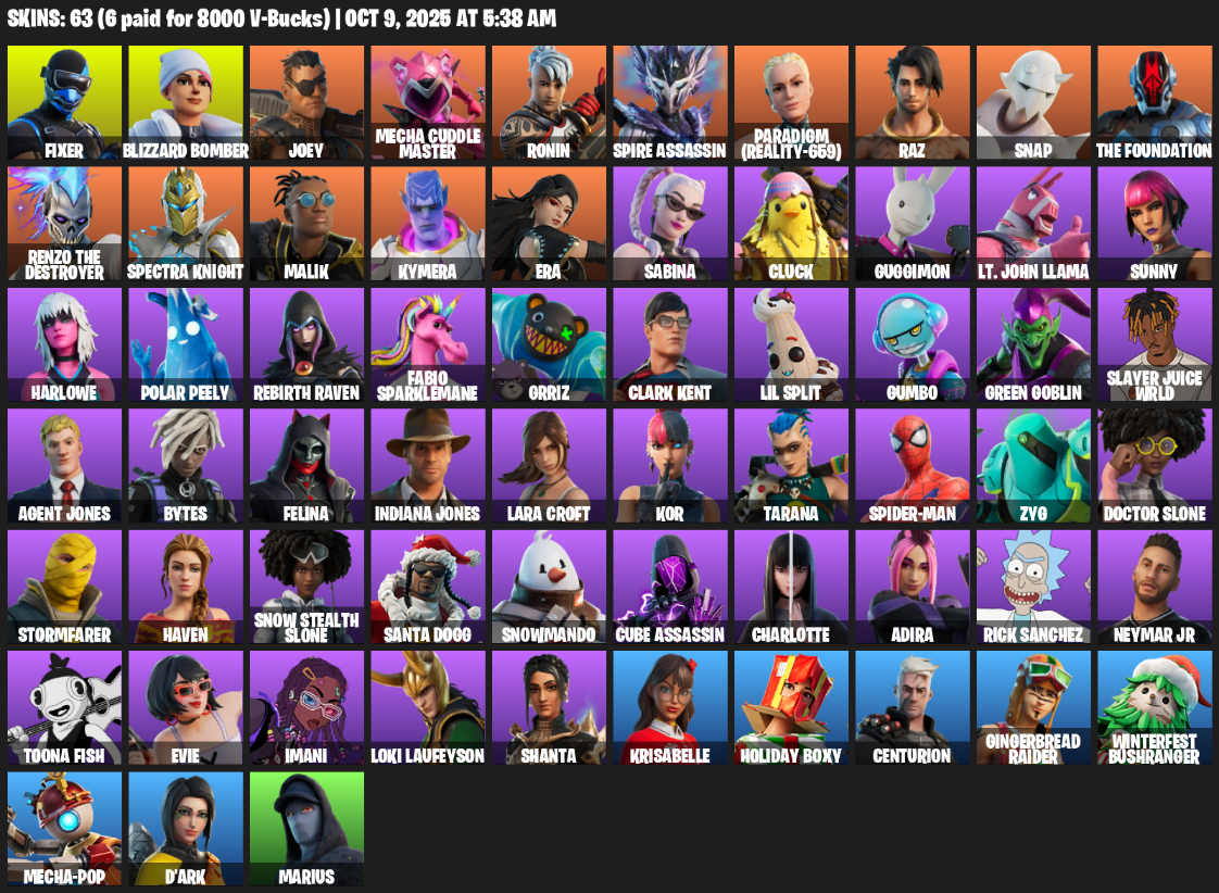 Fortnite Account ( PLAYSTATION / XBOX / PC / MOBILE / NINTENDO ) (Lara Croft, Fixer, Blizzard Bomber, Joey, Mecha Cuddle Master, Ronin, Spire Assassin) (63 Skins)