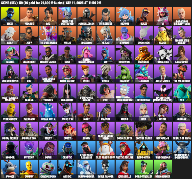 Fortnite Account ( PLAYSTATION / XBOX / PC / MOBILE / NINTENDO ) (Lara Croft, Fixer, Menace, Raz, Renzo the Destroyer, Mandalorian, The Ageless, Nezumi, Blaze) (89 Skins)
