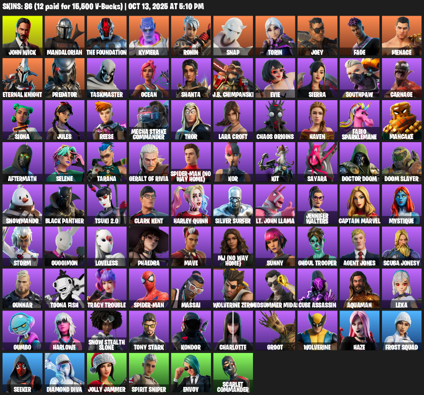 Fortnite Account ( PLAYSTATION / XBOX / PC / MOBILE / NINTENDO ) (Lara Croft, John Wick, Mandalorian, The Foundation, Kymera, Ronin, Snap, Torin, Joey, Fade) (86 Skins)