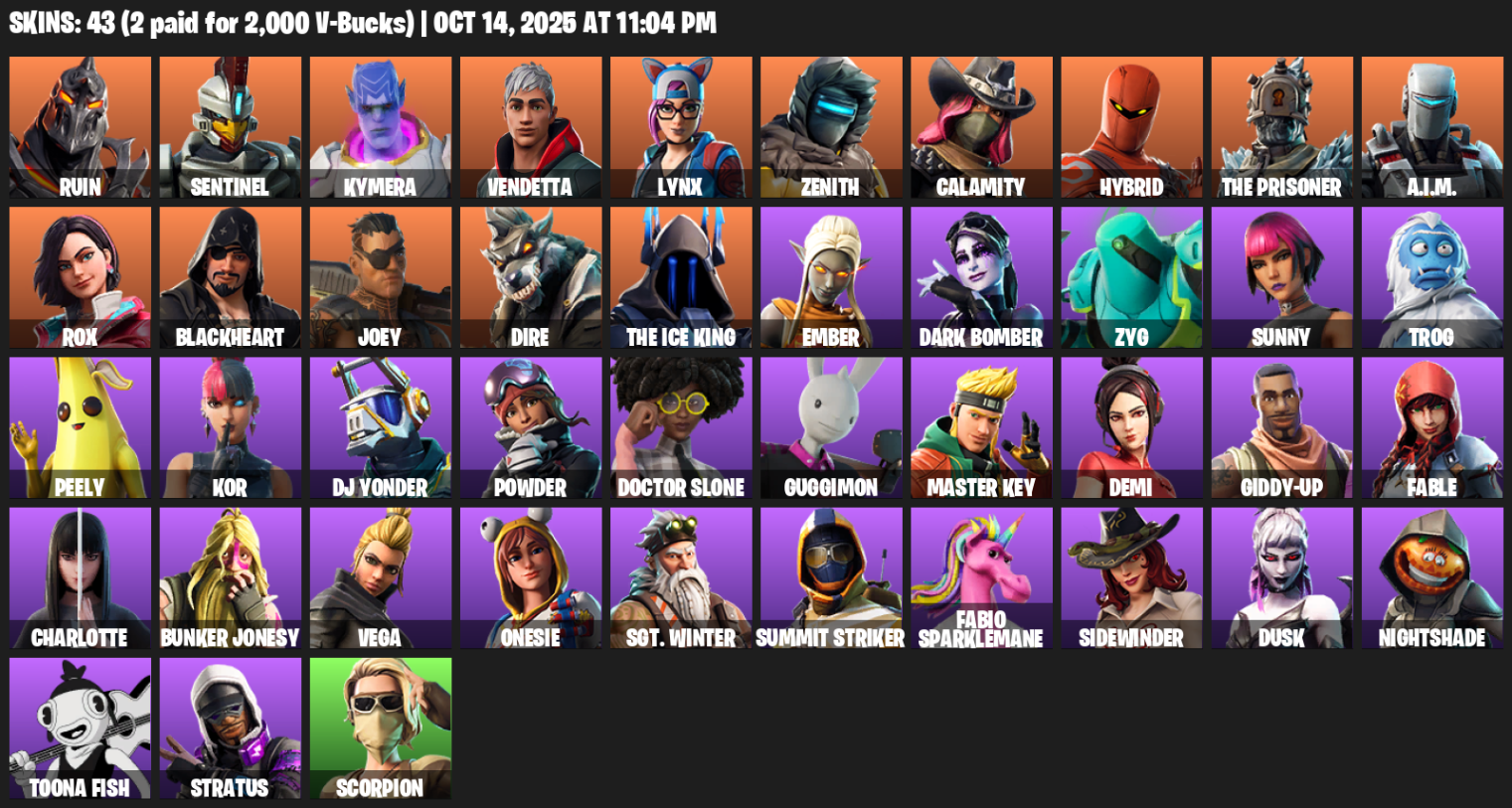Fortnite Account ( PLAYSTATION / XBOX / PC / MOBILE / NINTENDO ) (Reaper Axe, Ruin, Sentinel, Kymera, Vendetta, Lynx, Zenith, Calamity, Hybrid) (43 Skins)