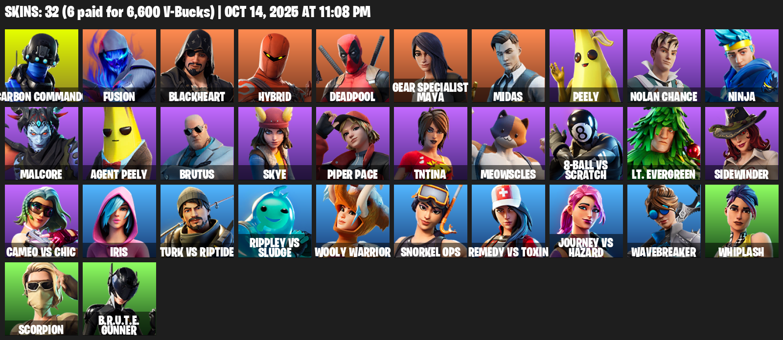 Fortnite Account ( PLAYSTATION / XBOX / PC / MOBILE / NINTENDO ) (Carbon Commando, Fusion, Blackheart, Hybrid, Deadpool, Gear Specialist Maya, Midas, Peely) (32 Skins)
