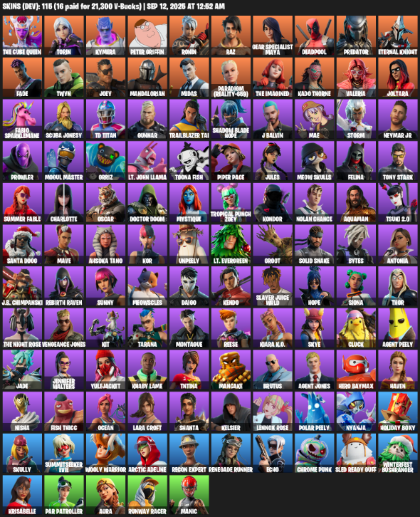 Fortnite Account ( PLAYSTATION / XBOX / PC / MOBILE / NINTENDO ) (Lara Croft, The Cube Queen, Torin, Kymera, Peter Griffin, Ronin, Raz) (115 Skins)