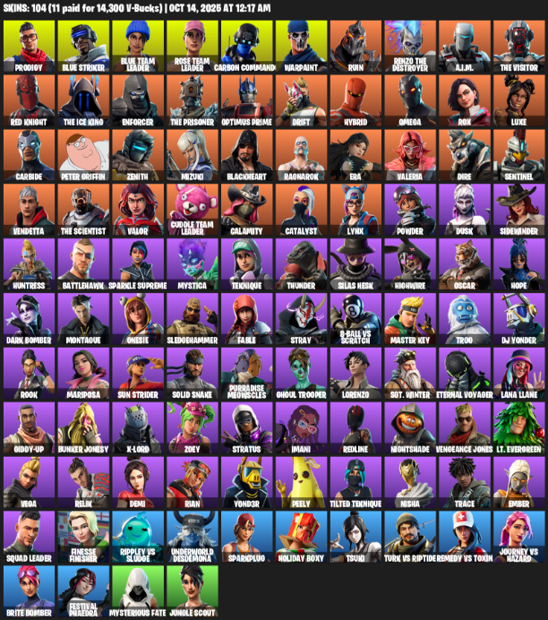 Fortnite Account ( PLAYSTATION / XBOX / PC / MOBILE / NINTENDO ) (OG STW, Omega, Prodigy, Blue Striker, Blue Team Leader, Rose Team Leader, Carbon Commando) (104 Skins)