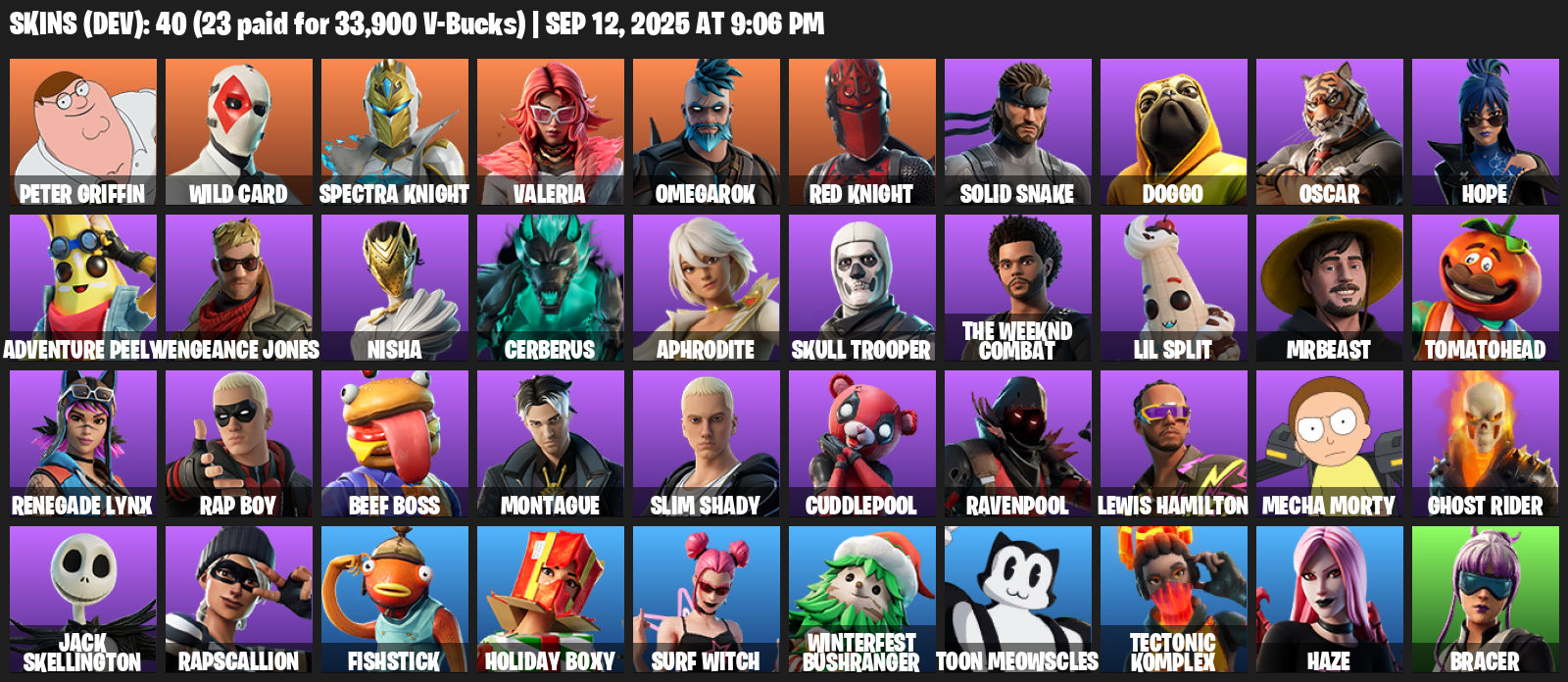 Fortnite Account ( PLAYSTATION / XBOX / PC / MOBILE / NINTENDO ) (Peter Griffin, Wild Card, Spectra Knight, Valeria, Omegarok, Red Knight, Solid Snake) (40 Skins)